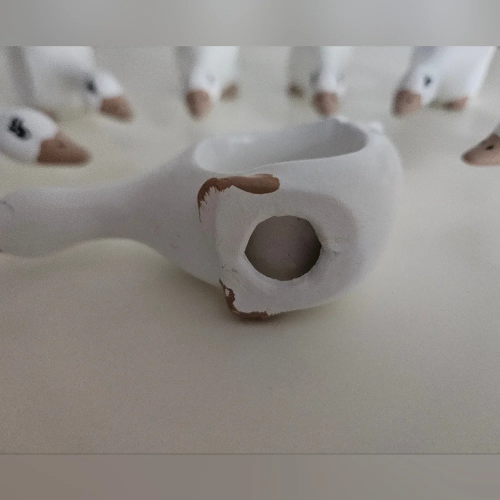 White Hand Painted Ceramic Goose Napkin Rings x 7